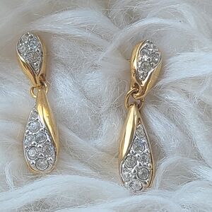 Swarovski Rhodium Gold Toned Teardrop Post Earrings- Great Vintage Condition